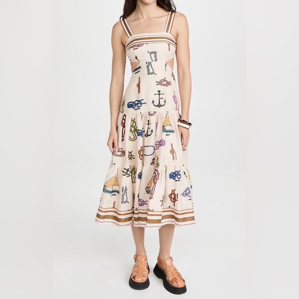 Alemais Cream Nautical Print Midi Dress with Multicolor Motifs - Picture 4 of 5